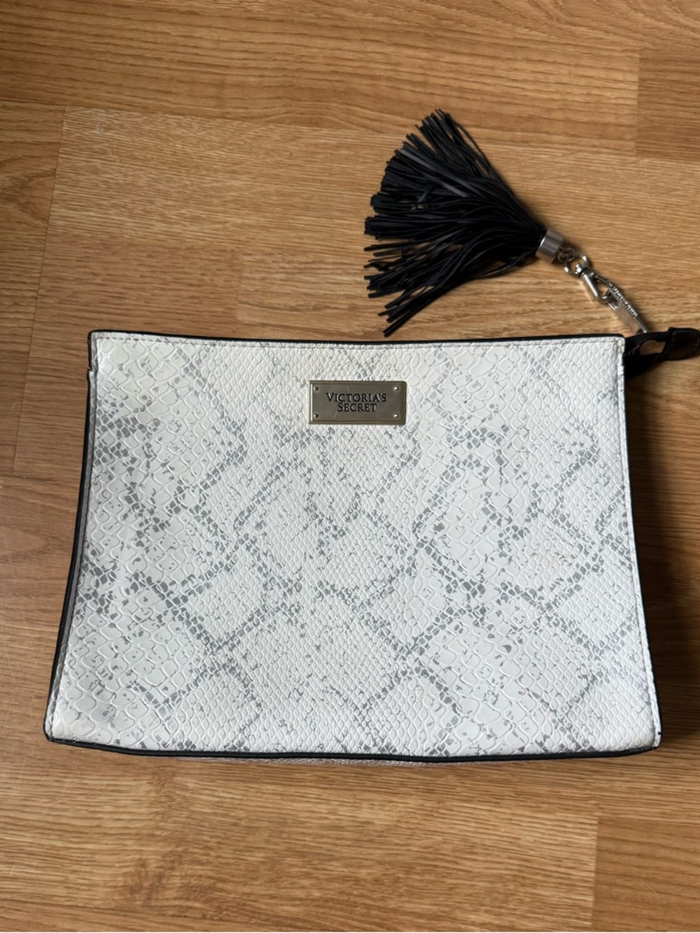 Victoria's Secret White Snake-Print Clutch with Black Tassel